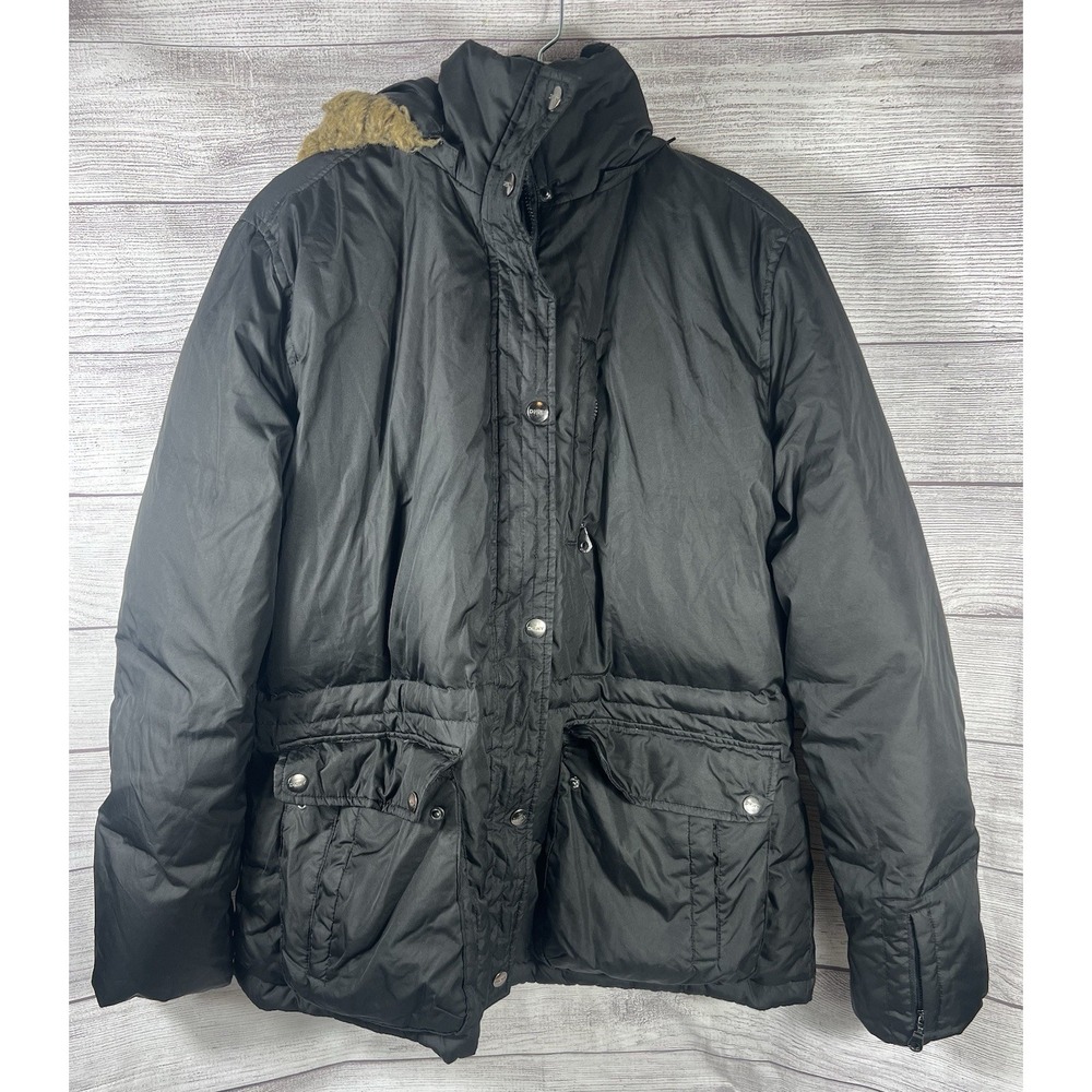 DKNY Full Zip Winter Jacket Women Large Black Velvet Lined Removable Hood